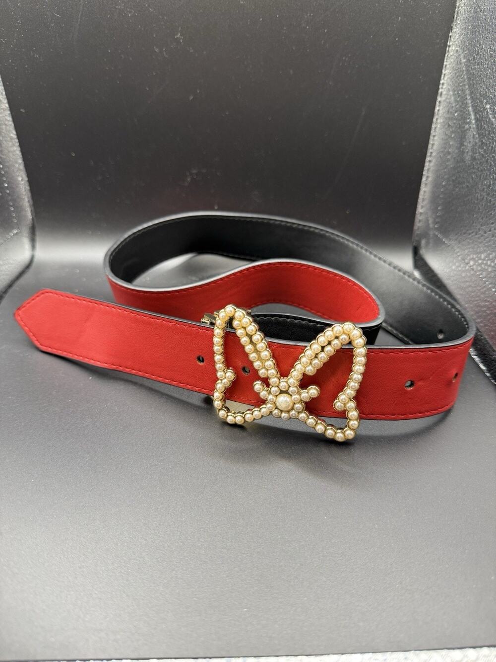 Disney Minnie Muse Faux Pearl Bow Belt Black Red Reversible XS-M